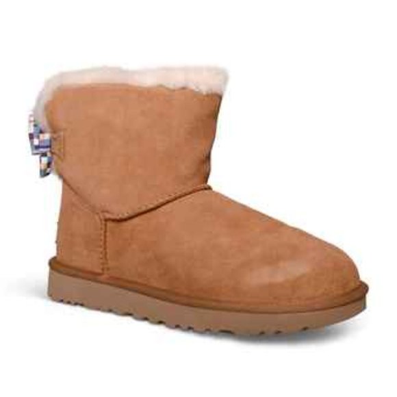 UGG MINI BAILEY BOW CHECKER CHESTNUT BOOTS - Picture 3 of 6